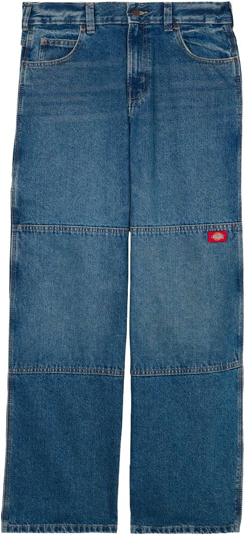 Double Knee Loose Straight Jeans Mid Blue Fade Wash