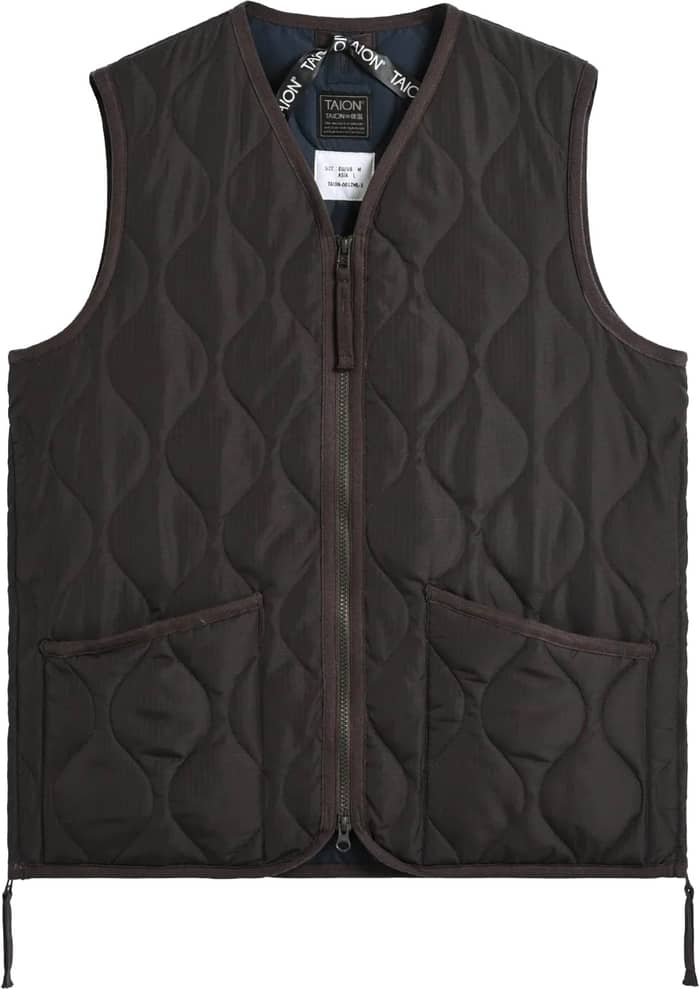 Military Zip V Neck Down Vest Dark Choco