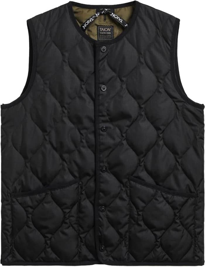 Military Button Crew Neck Down Vest Black