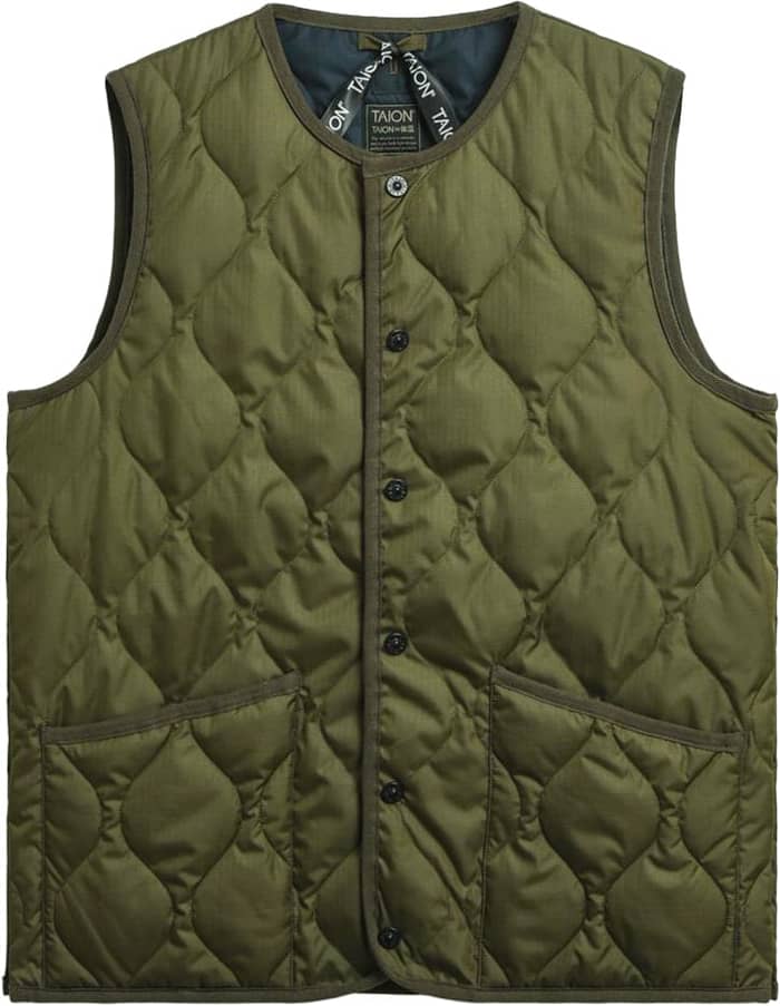 Military Button Crew Neck Down Vest Dark Olive
