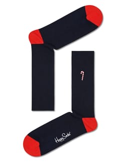 Ribbed Embroidery Candy Cane Crew Sock Bleu foncé