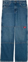 Double Knee Loose Straight Jeans Mid Blue Fade Wash + Dickies