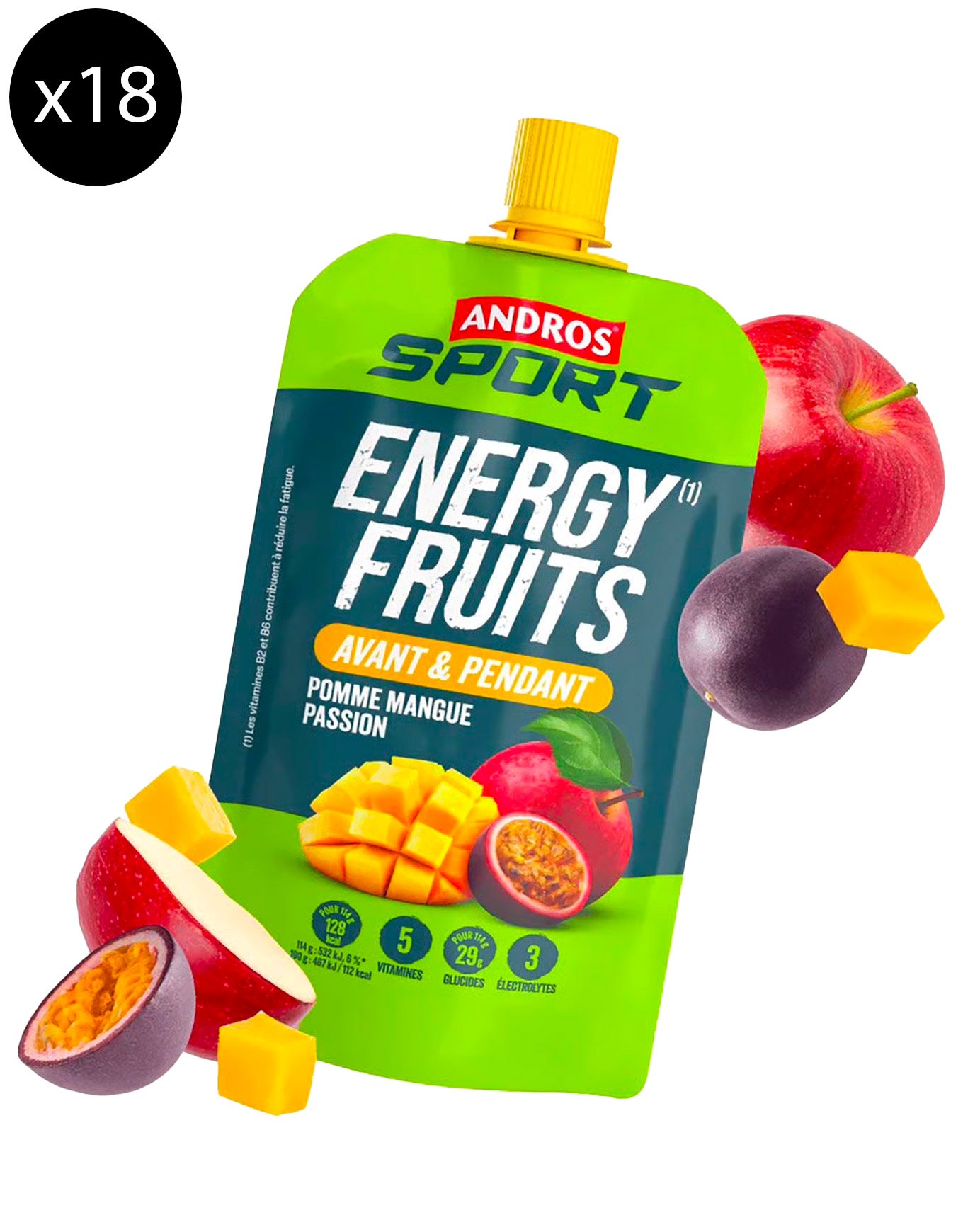 Pack Energy Fruits Pomme Mangue Passion (x18) + Andros Sport