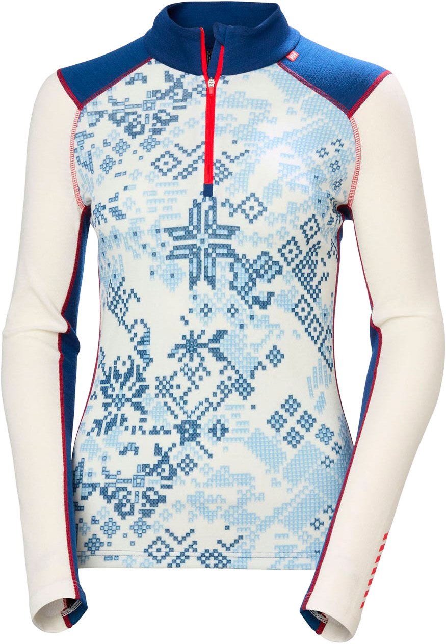 W Lifa Merino Midw Gra 1/2 Zip Bright Blue New Nordic Aop + Helly-Hansen