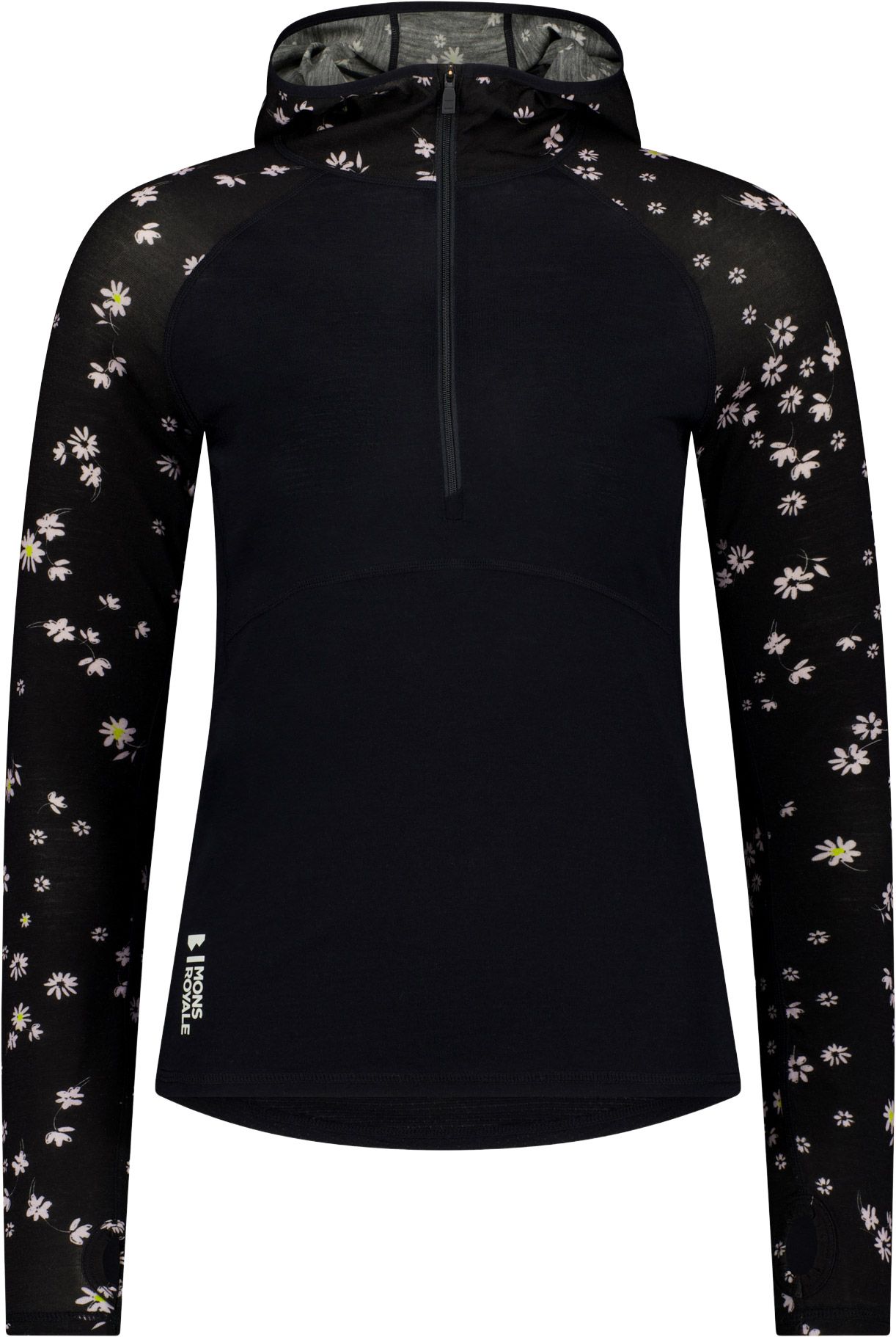 Bella W Merino Long Sleeve Hood Black Daisy + Mons Royale