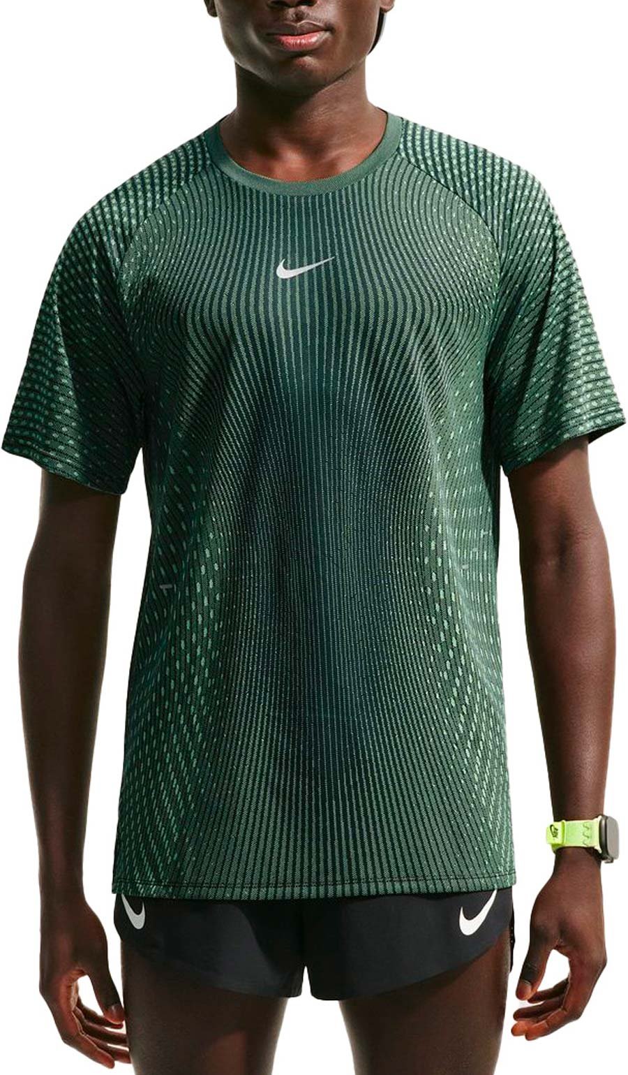 M Nike AF Stride SS Top Black Lt Green Spark Reflective Silver + Nike Running