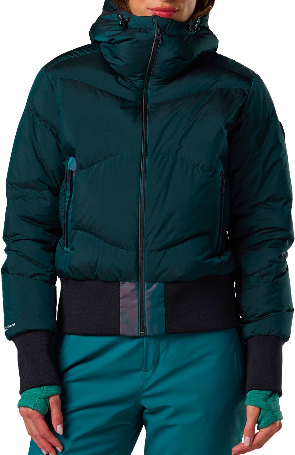 W Snowblaze Down Bomber Jacket Transformative Teal + Rossignol