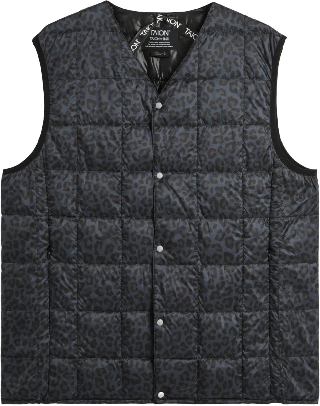 V-Neck Button Down Down Vest Black Leopard + Taion