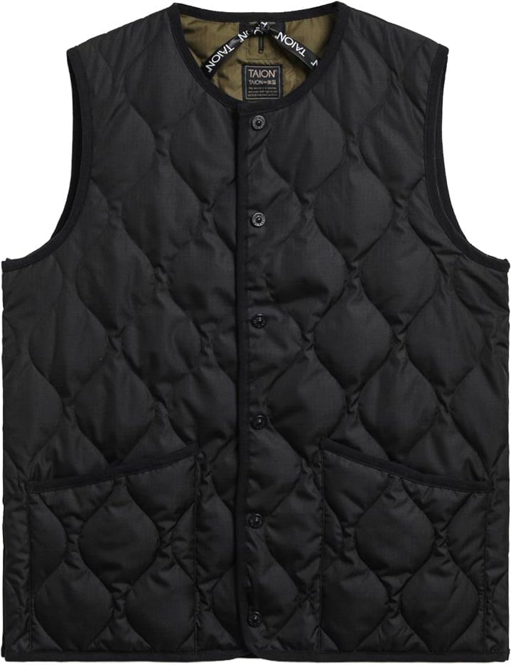 Military Button Crew Neck Down Vest Black + Taion