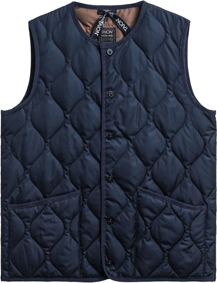 Military Button Crew Neck Down Vest Dark Navy + Taion
