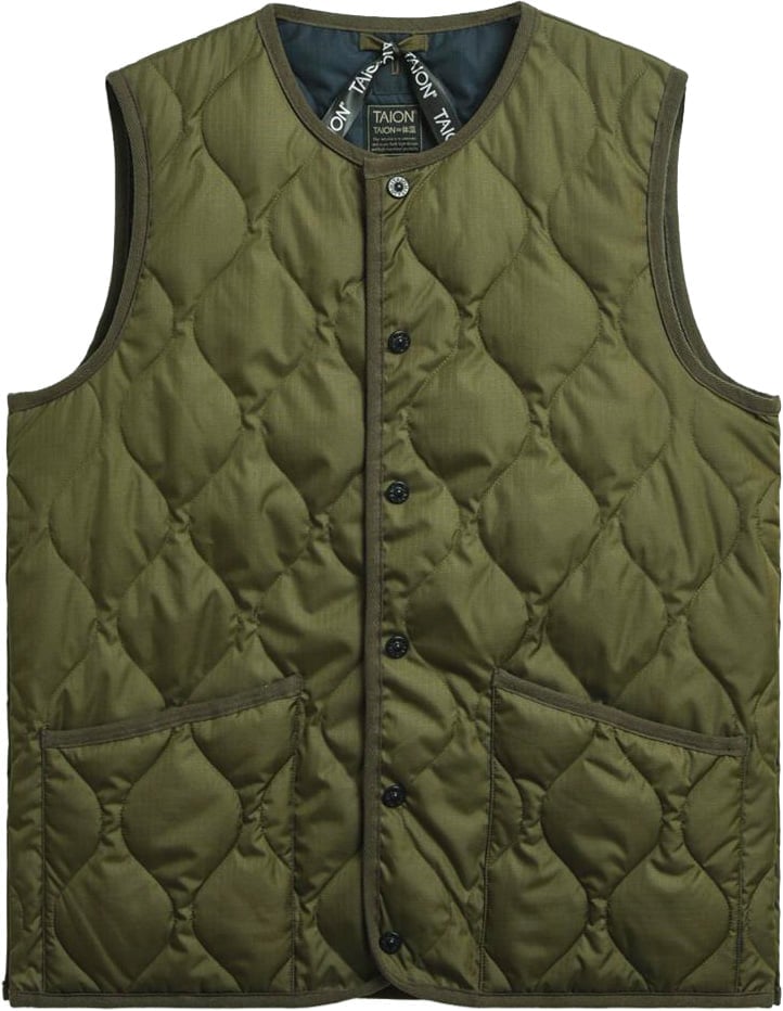Military Button Crew Neck Down Vest Dark Olive + Taion