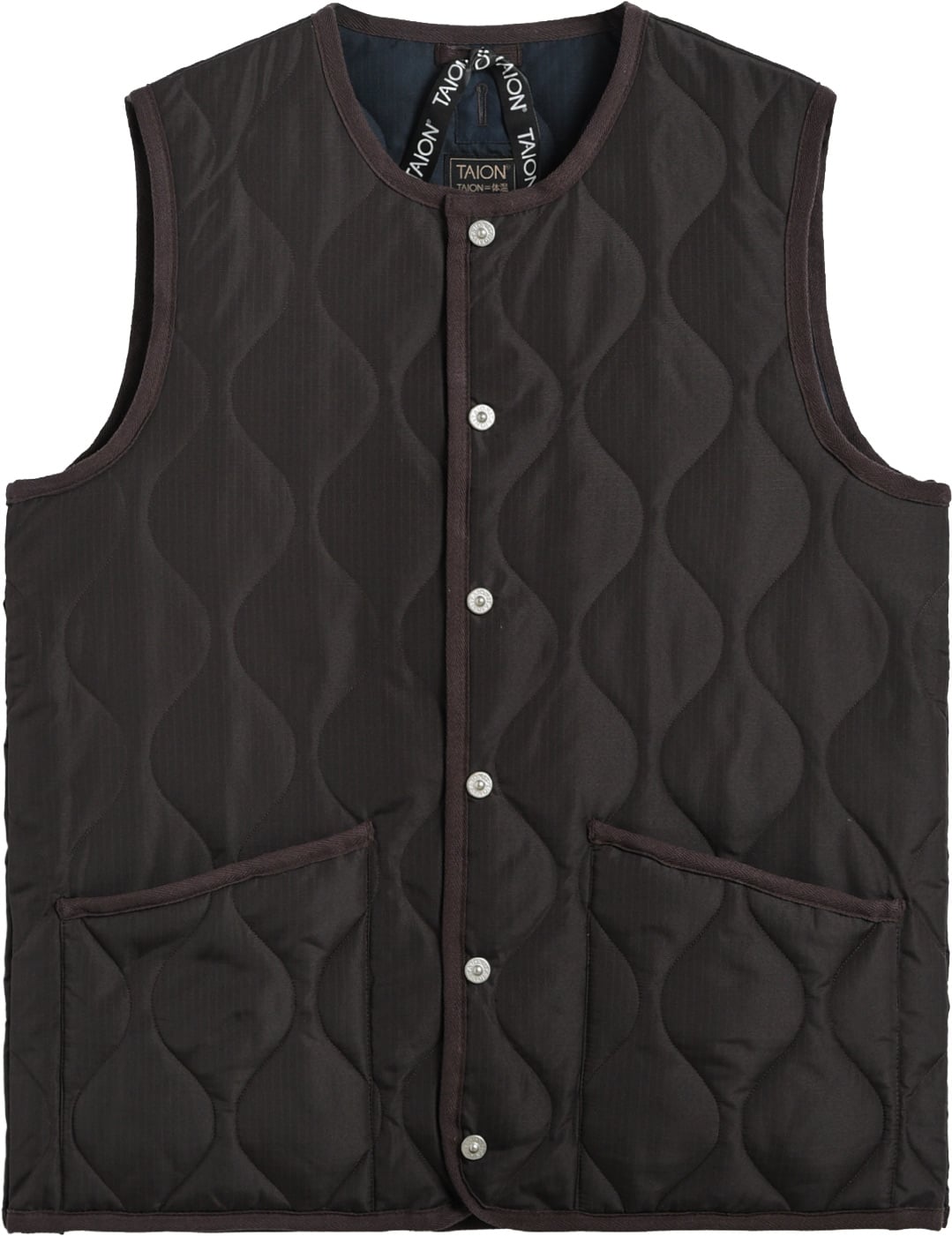 Military Button Crew Neck Down Vest Dark Choco + Taion