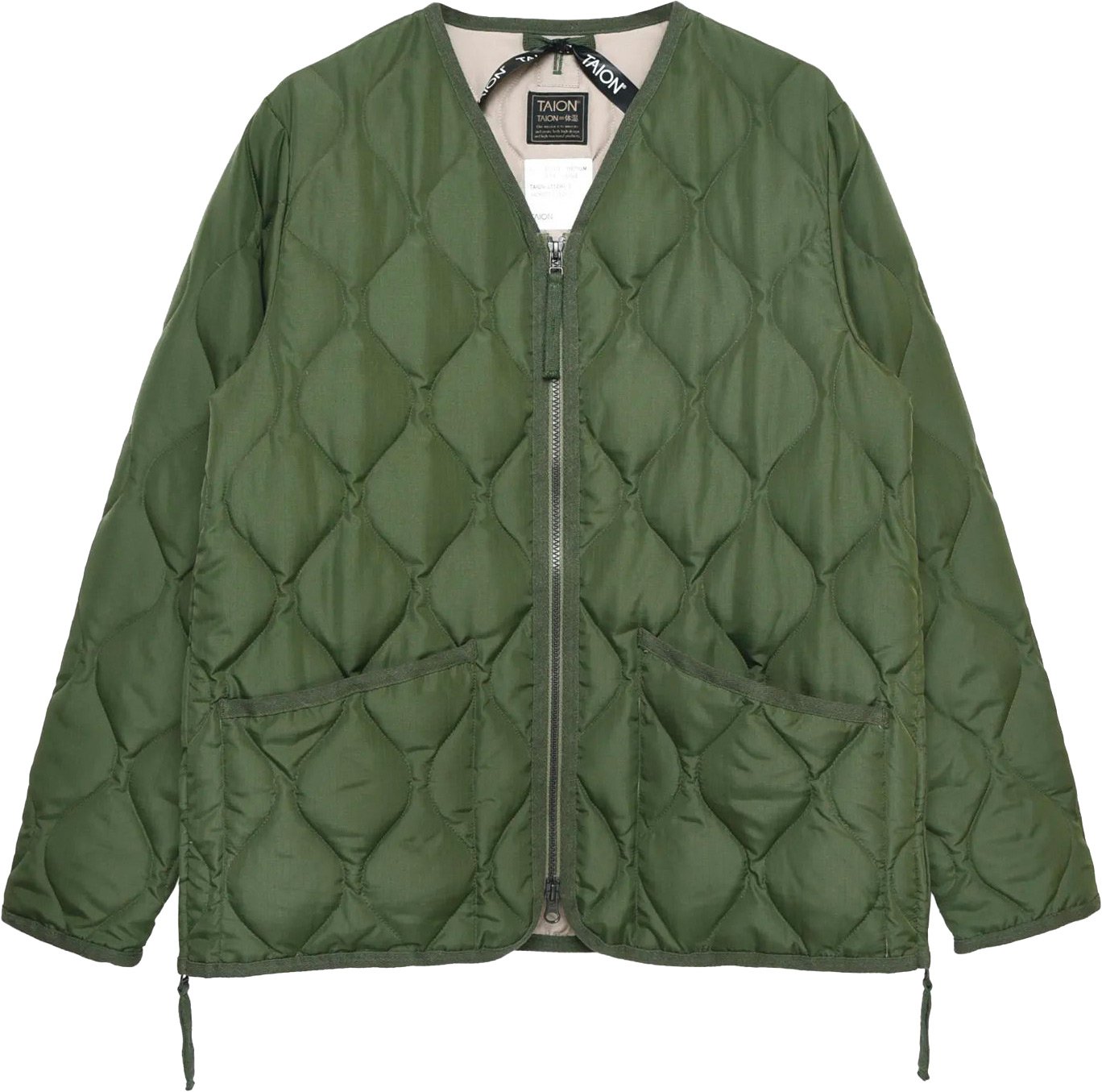 Military W-Zip V Neck Down Jacket Olive + Taion