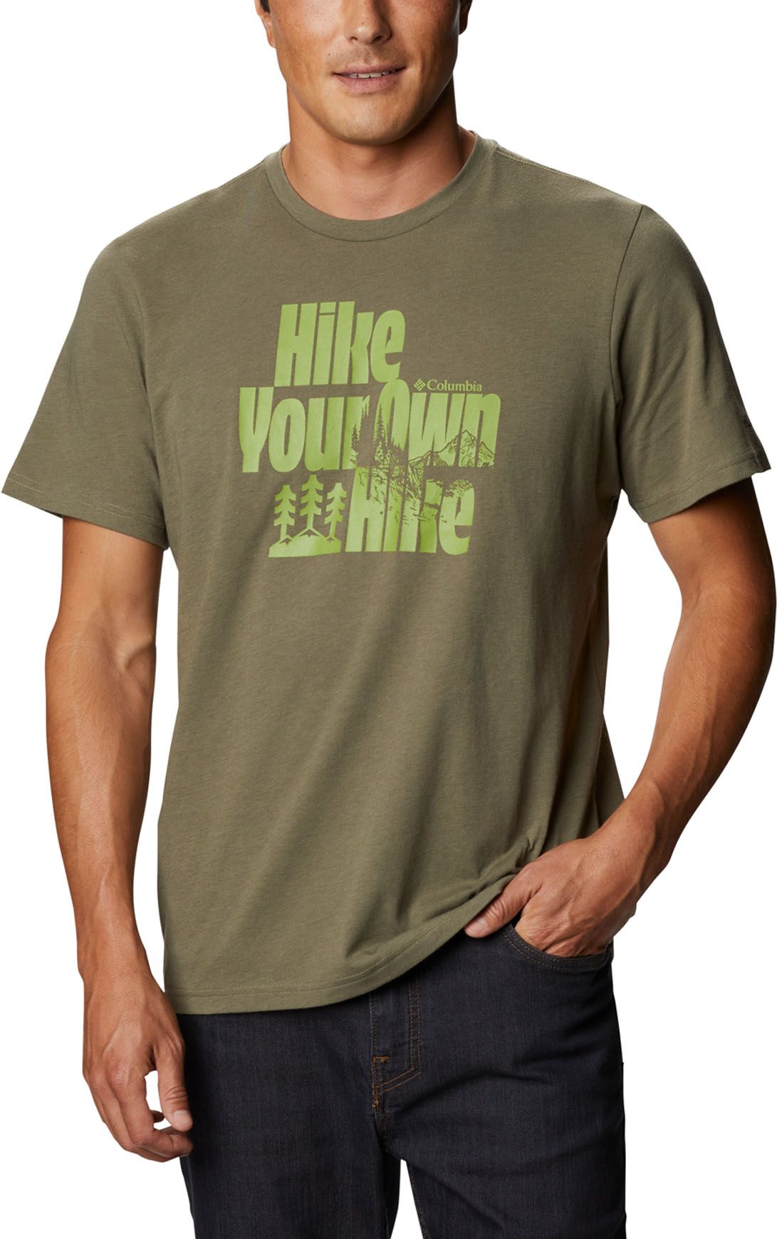 M Alpine Way Graphic Tee M Stone Green Hike Your Own Hike + Columbia