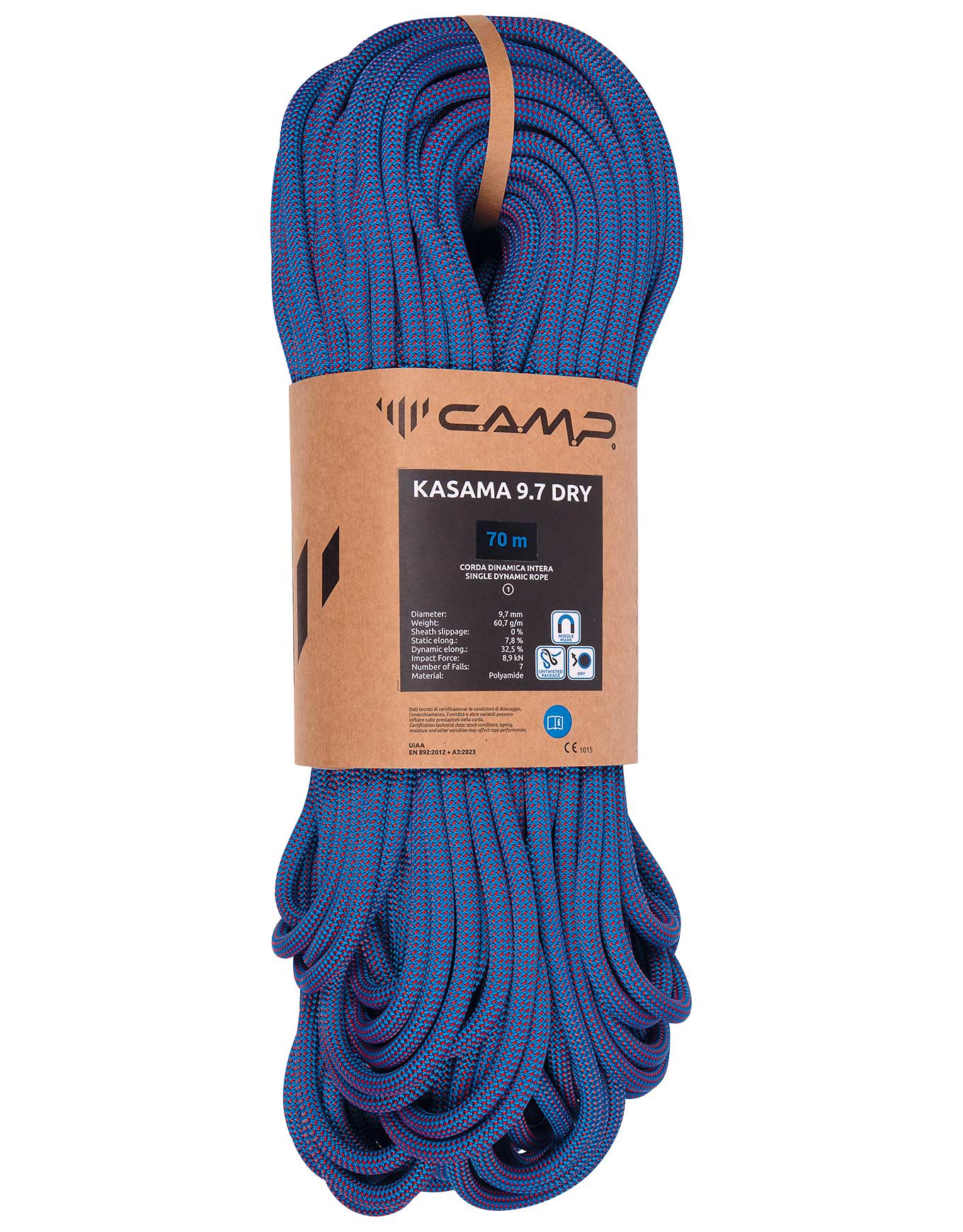 Corde d'escalade et d'alpinisme à simple - Kasama 9.7 Dry Blue Red - Taille 60 m - Bleu