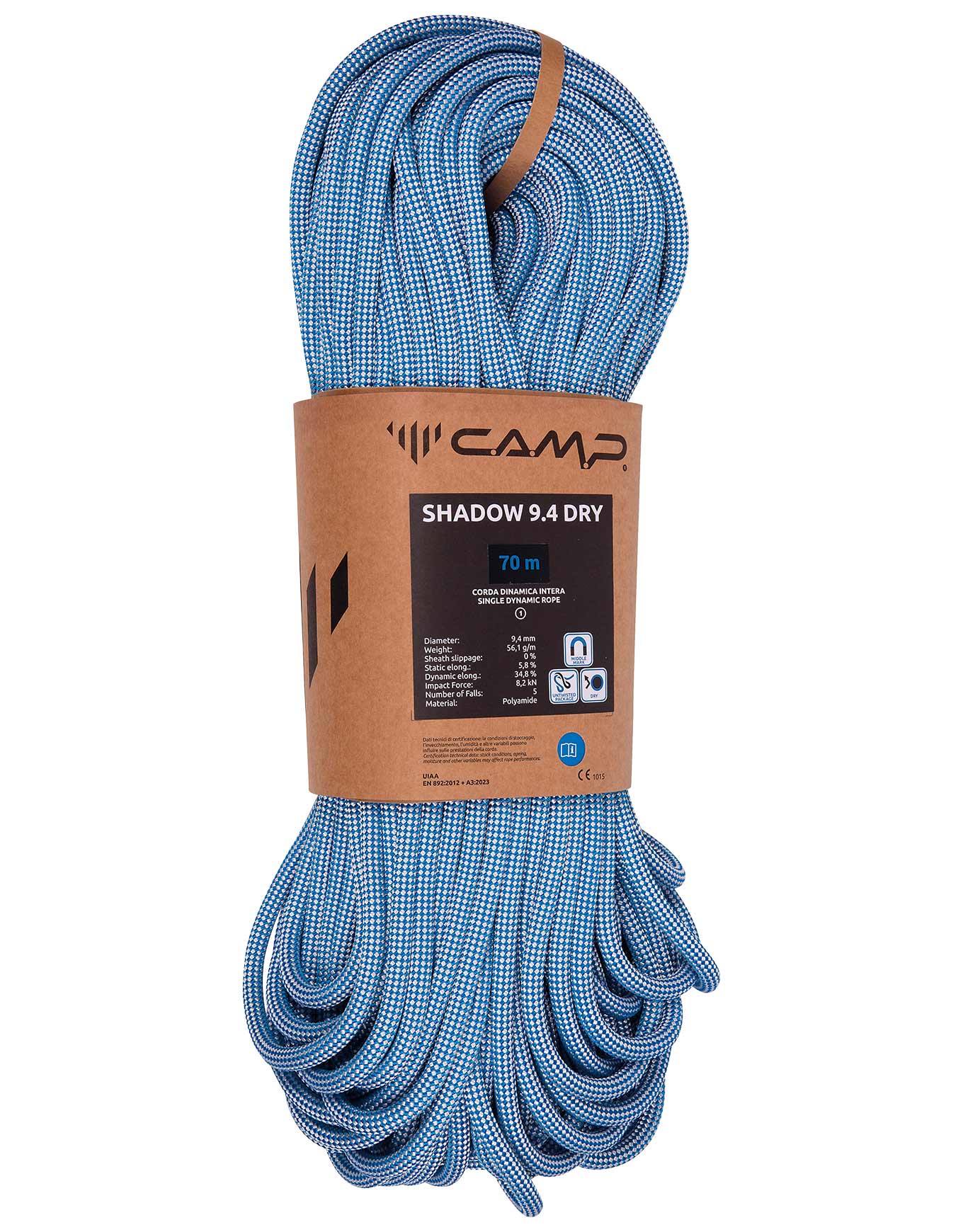 Corde d'escalade et d'alpinisme à simple - Shadow 9.4 Dry Blue White - Taille 70 m - Bleu