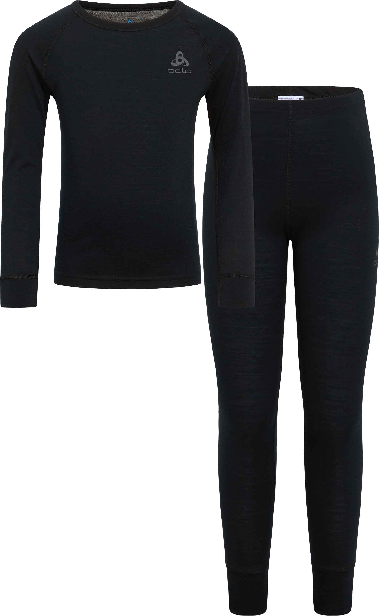 Thermo-T-Shirt und -Tights Set Set Long Merino 200 Kids Black aus Wolle Kindergröße 104 cm schwarz