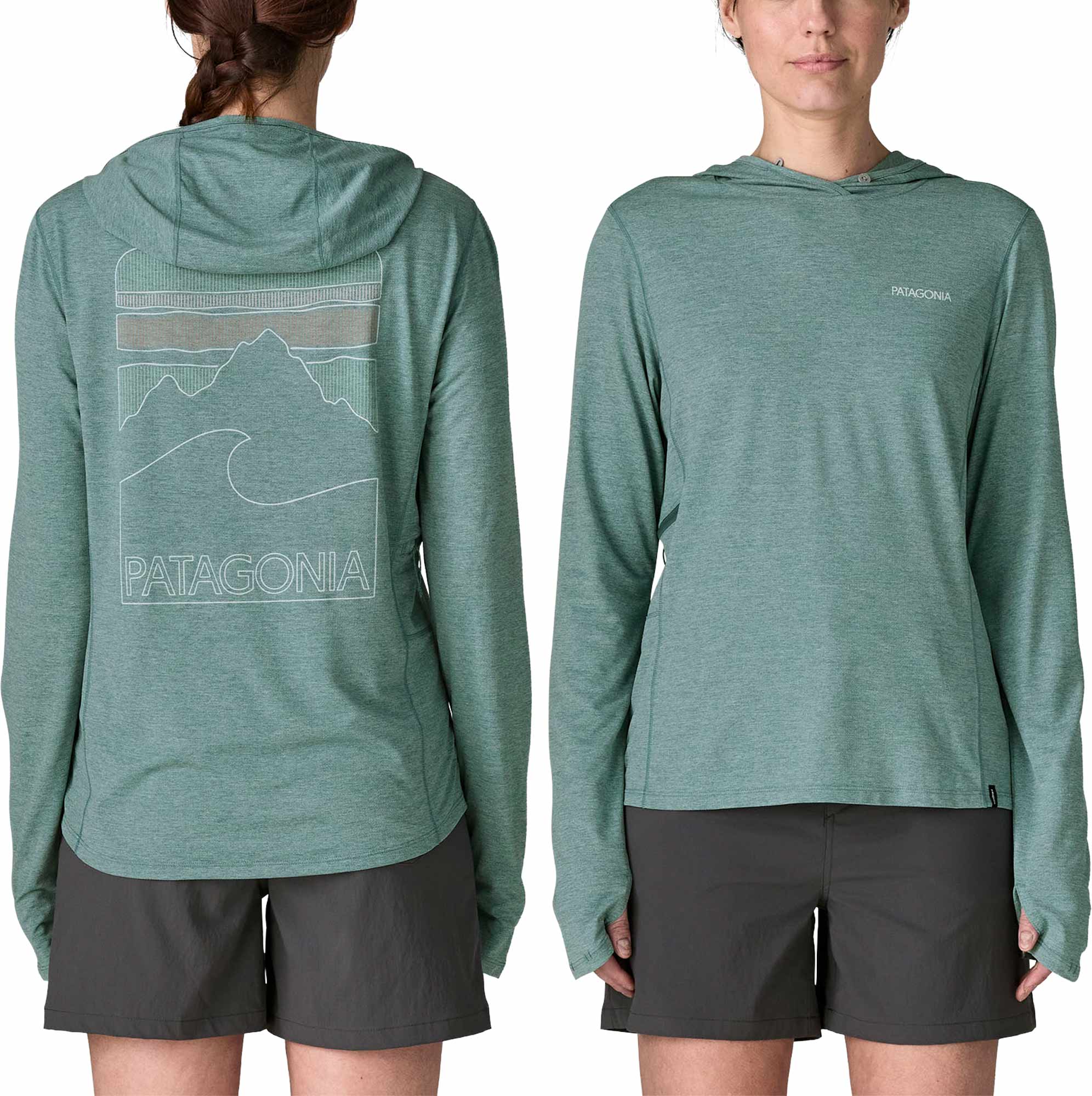 T-shirt de randonnée léger anti-UV - W's Cap Cool Sun Hoody Peak Visions Nouveau Green Blue Sage X-Dye - Taille S - Bleu